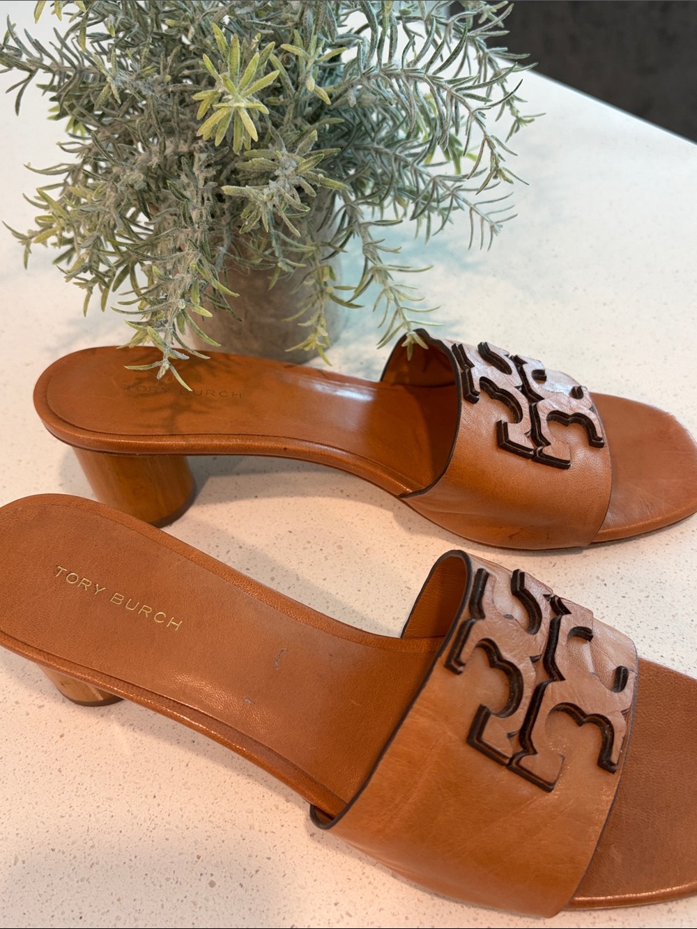 Tory Burch Ines Heeled  Mule Cognac Leather Logo - Picture 15 of 15